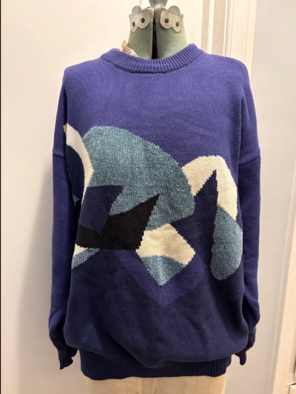 Vintage 80s Harry Rosen Purple Colourblock Graphic Heavy Cotton Sweater M